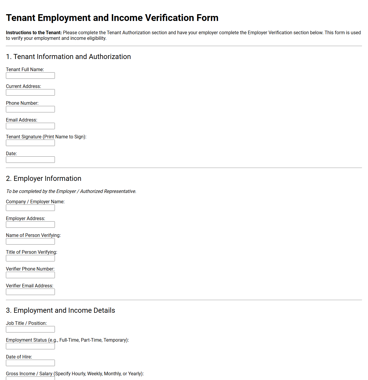 Tenant Employment and Income Verification Form