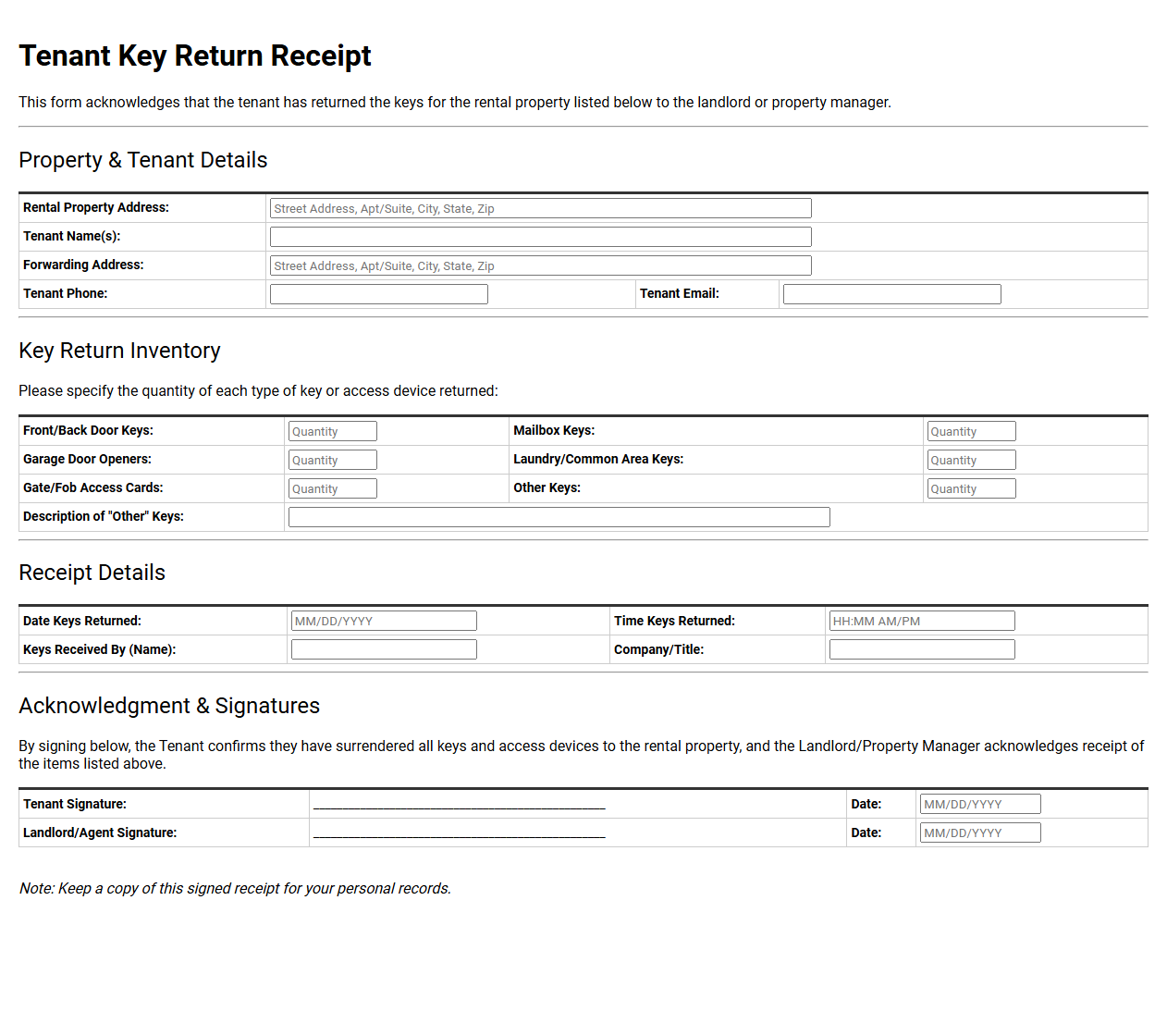 Tenant Key Return Receipt Form Template