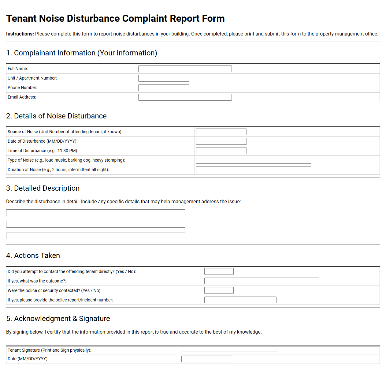 Tenant Noise Disturbance Complaint Report Form