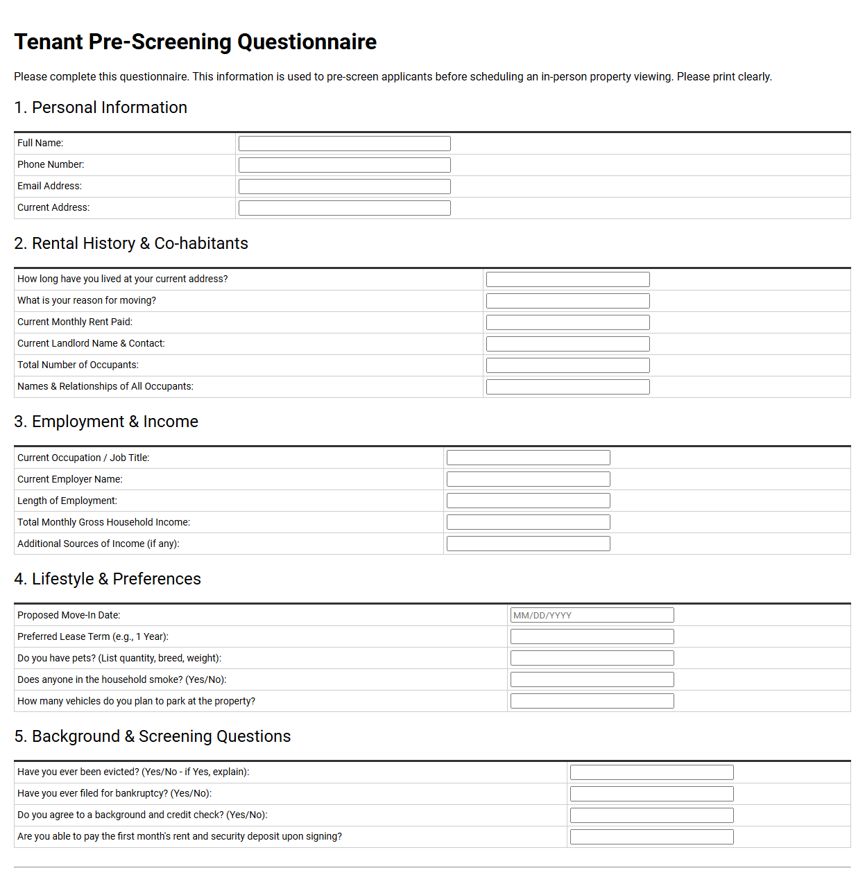 Tenant Pre-Screening Questionnaire Template