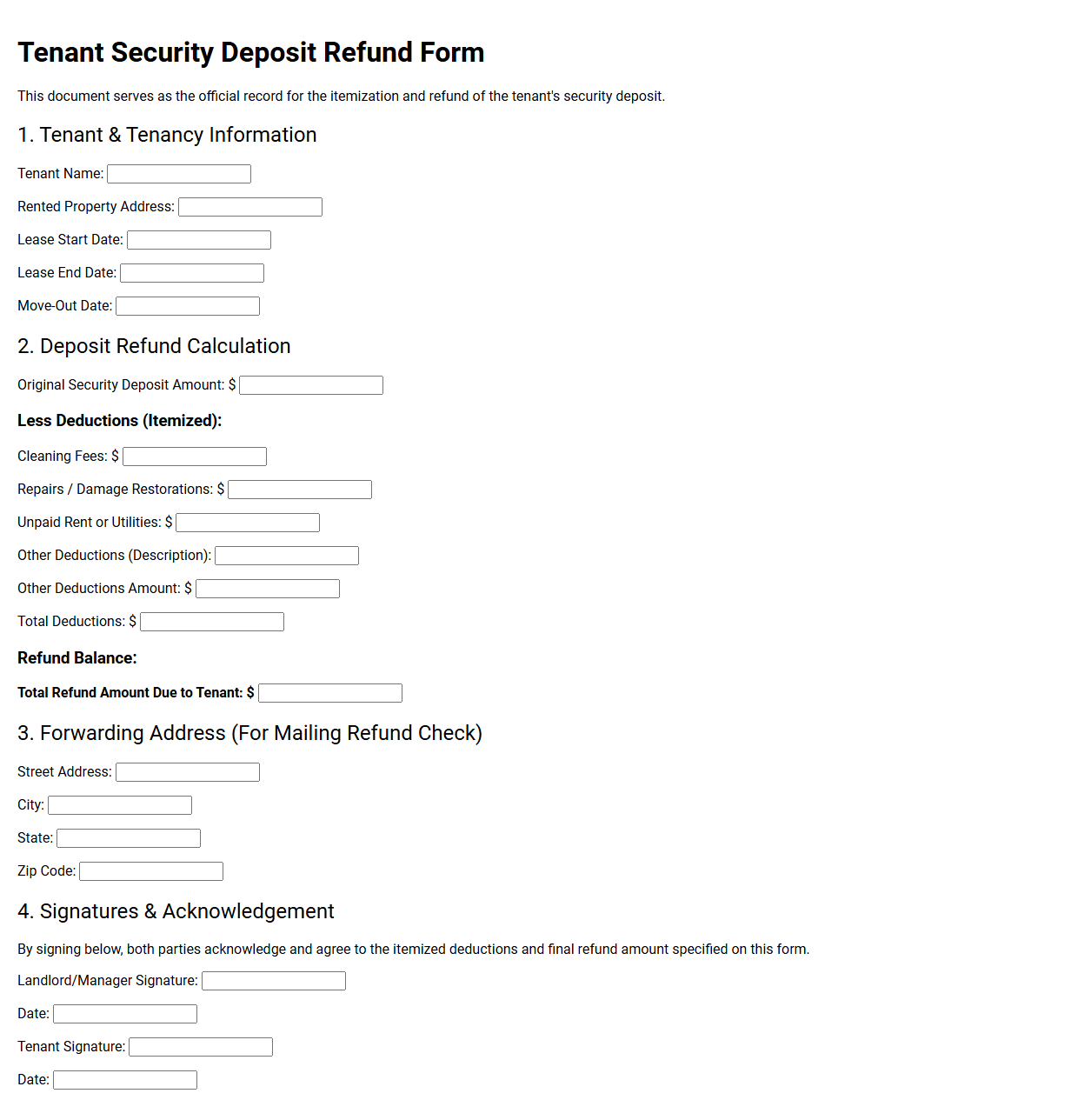 Tenant Security Deposit Refund Form