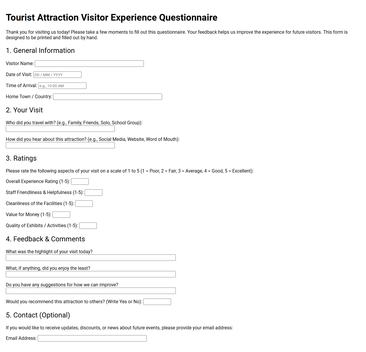 Tourist Attraction Visitor Experience Questionnaire