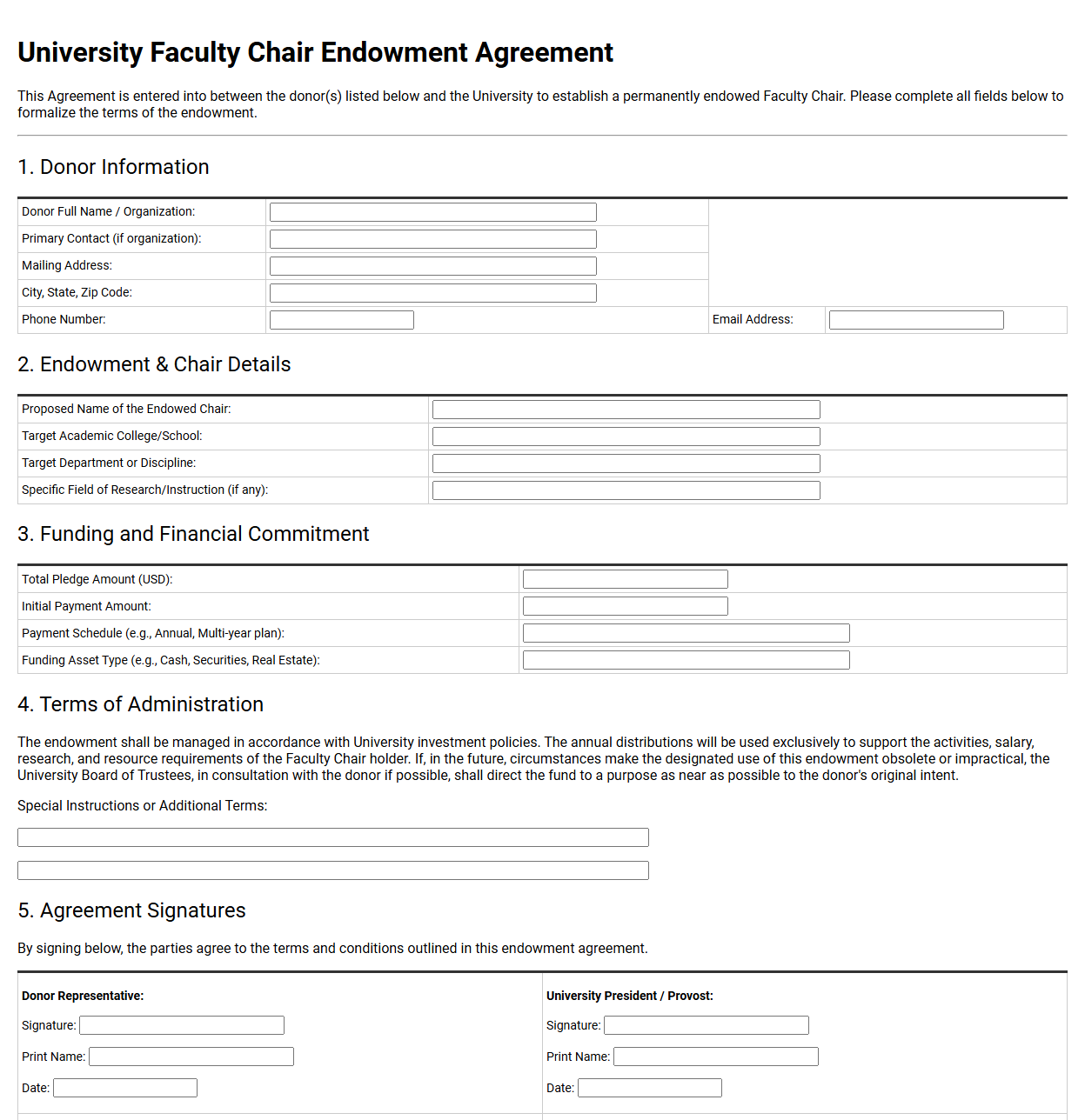 University Faculty Chair Endowment Agreement Form