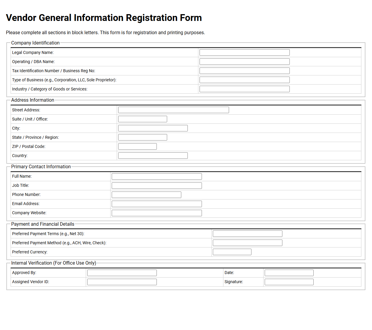 Vendor General Information Registration Form