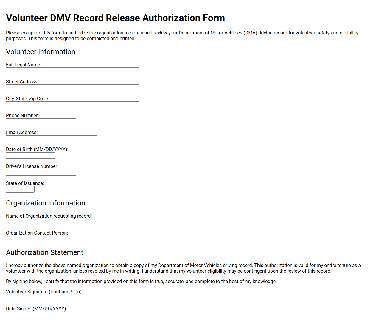 Volunteer DMV Record Release Authorization Form