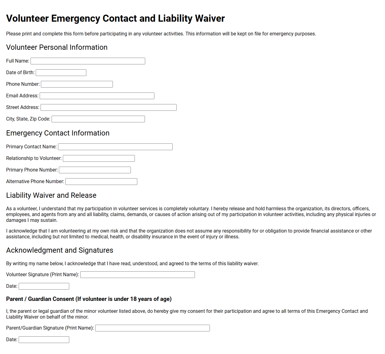Volunteer Emergency Contact and Liability Waiver