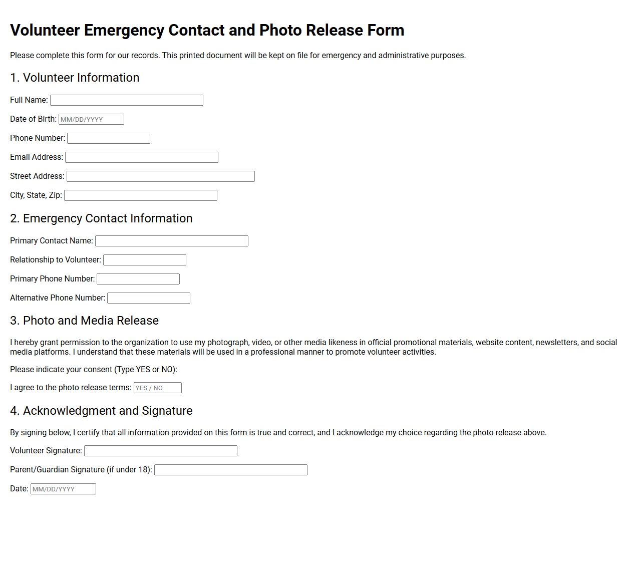 Volunteer Emergency Contact and Photo Release Form