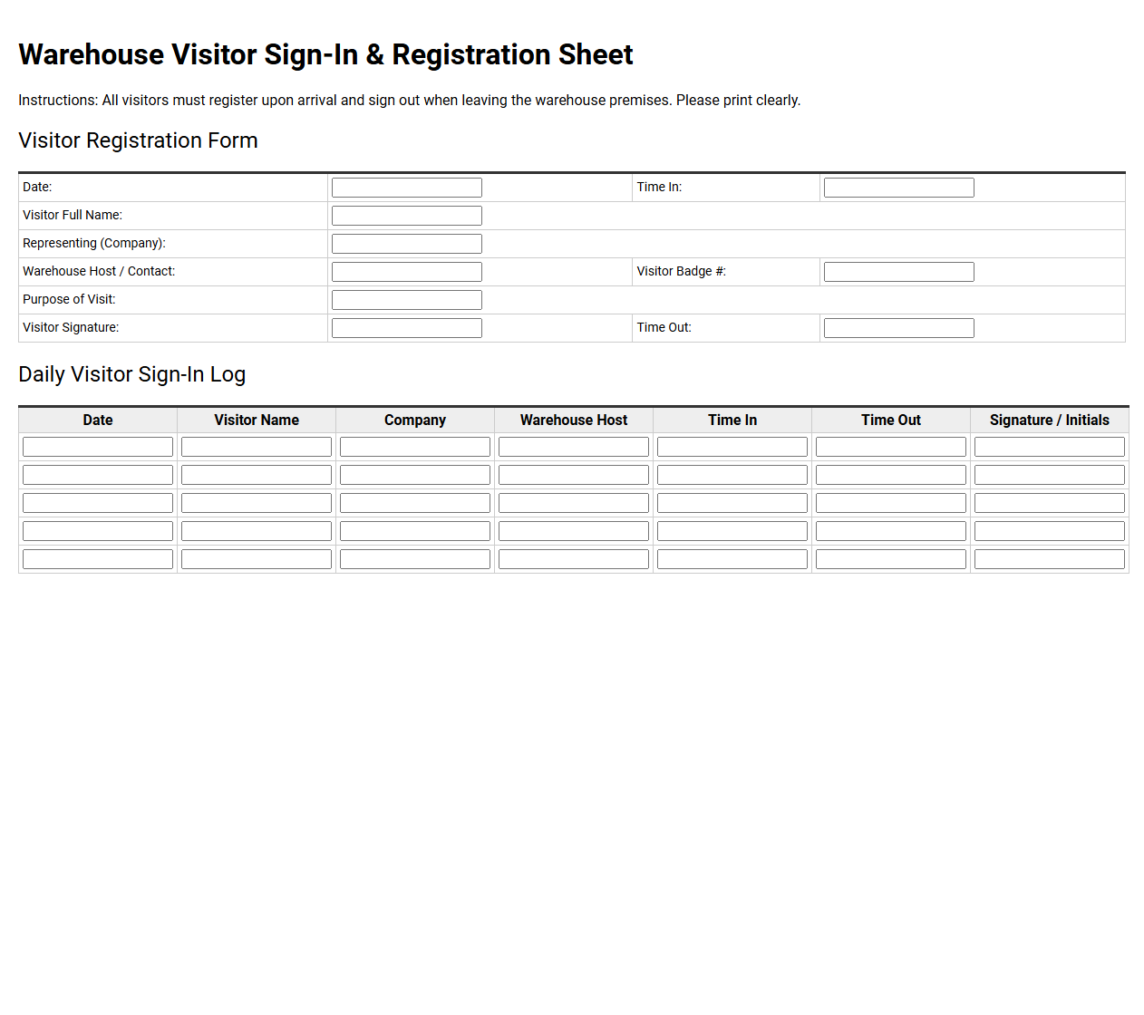 Warehouse Visitor Sign In and Registration Sheet