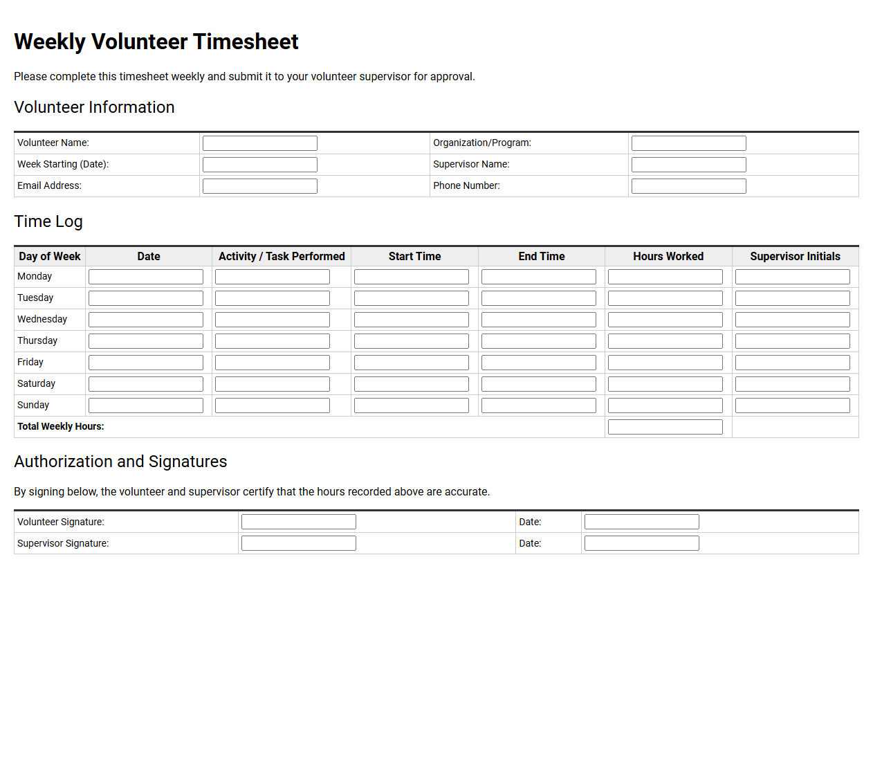 Weekly Volunteer Timesheet Printable Template