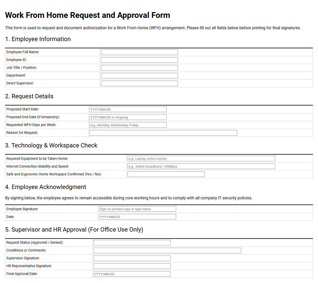 Work From Home Request and Approval Form