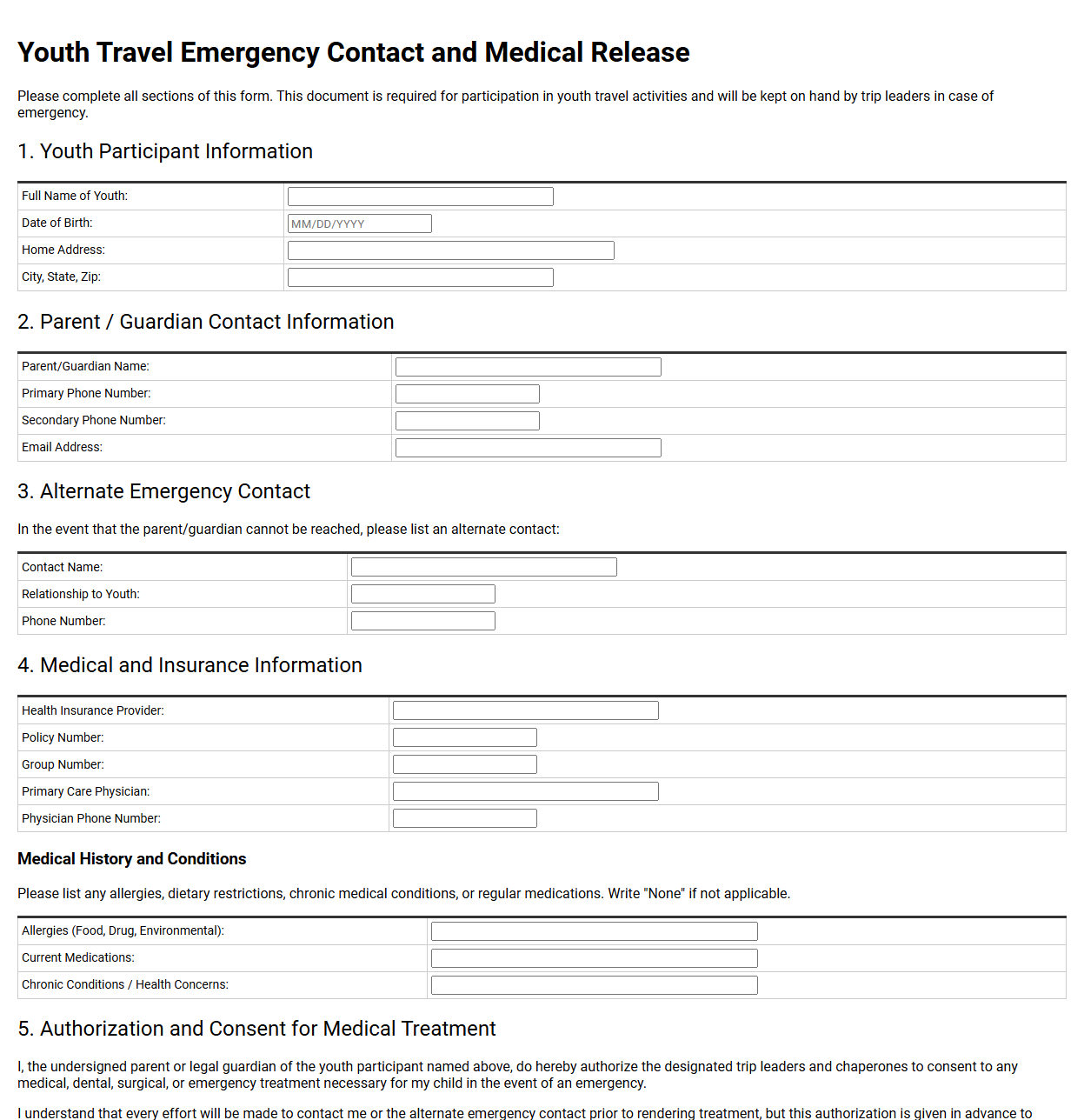 Youth Travel Emergency Contact and Medical Release