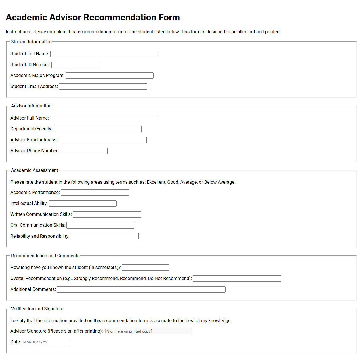 Academic Advisor Recommendation Form