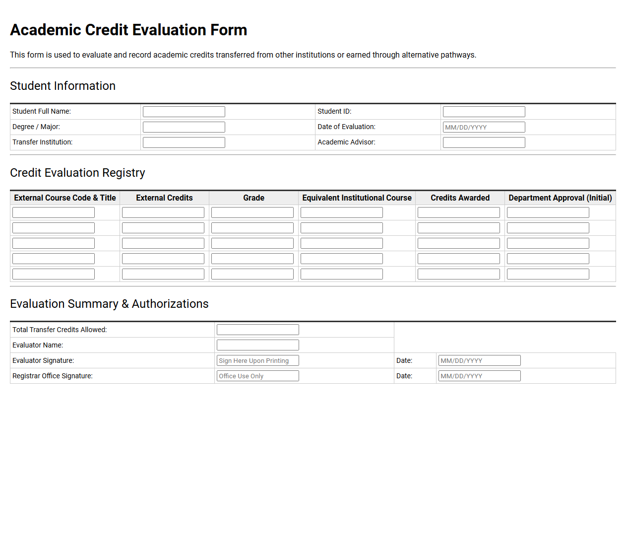 Academic Credit Evaluation Form