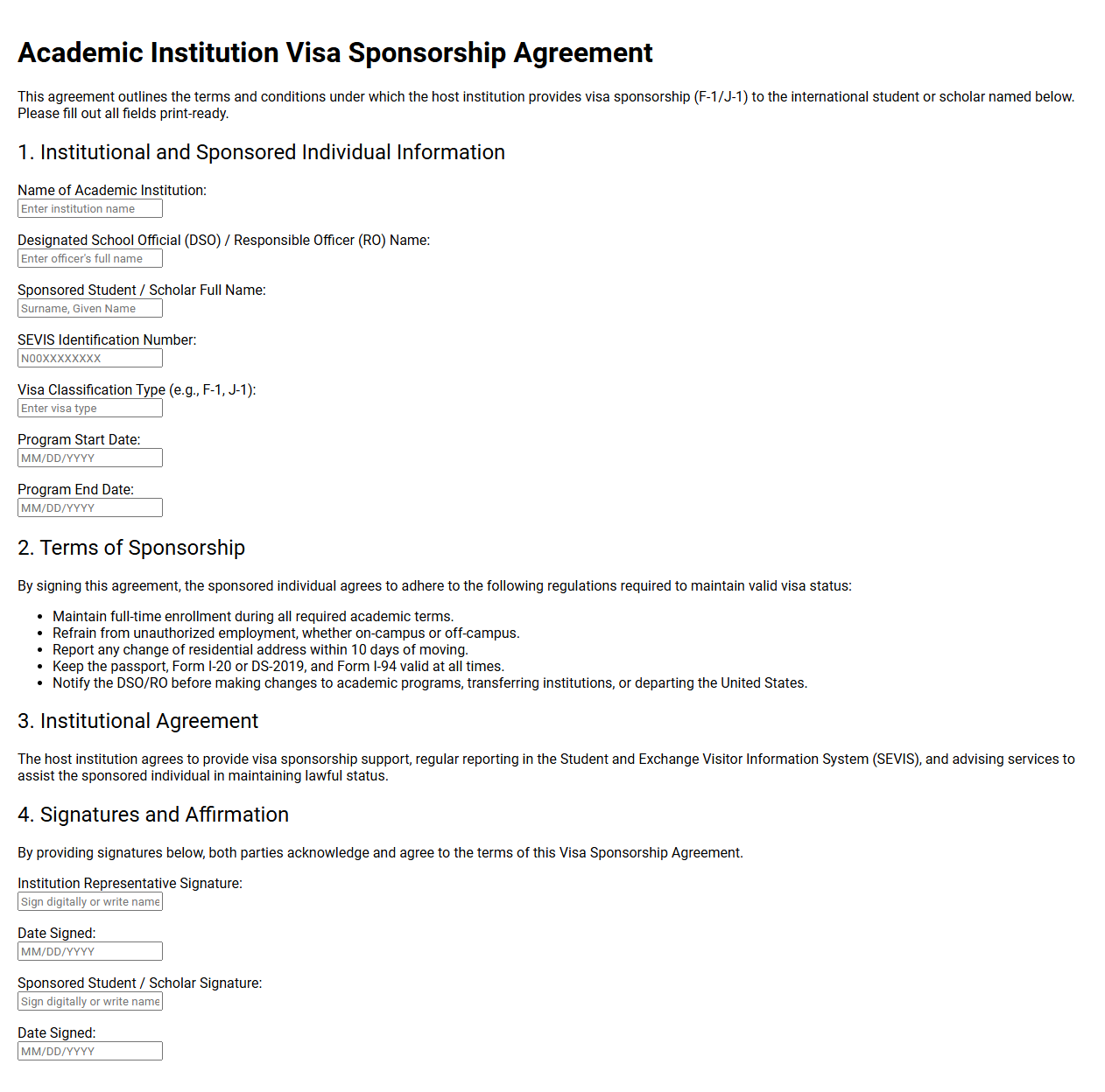 Academic Institution Visa Sponsorship Agreement
