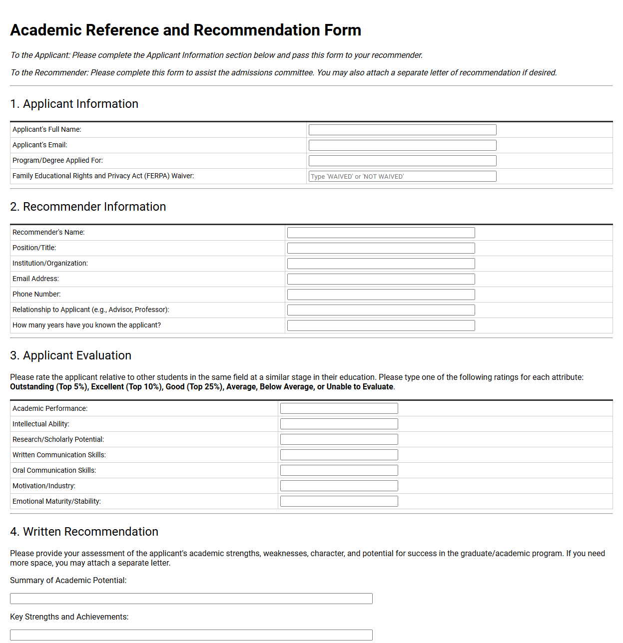 Academic Reference and Recommendation Form