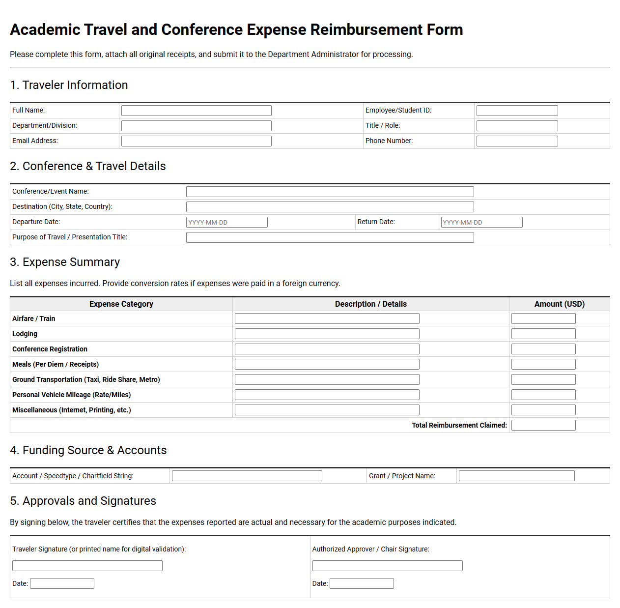 Academic Travel and Conference Expense Reimbursement Form
