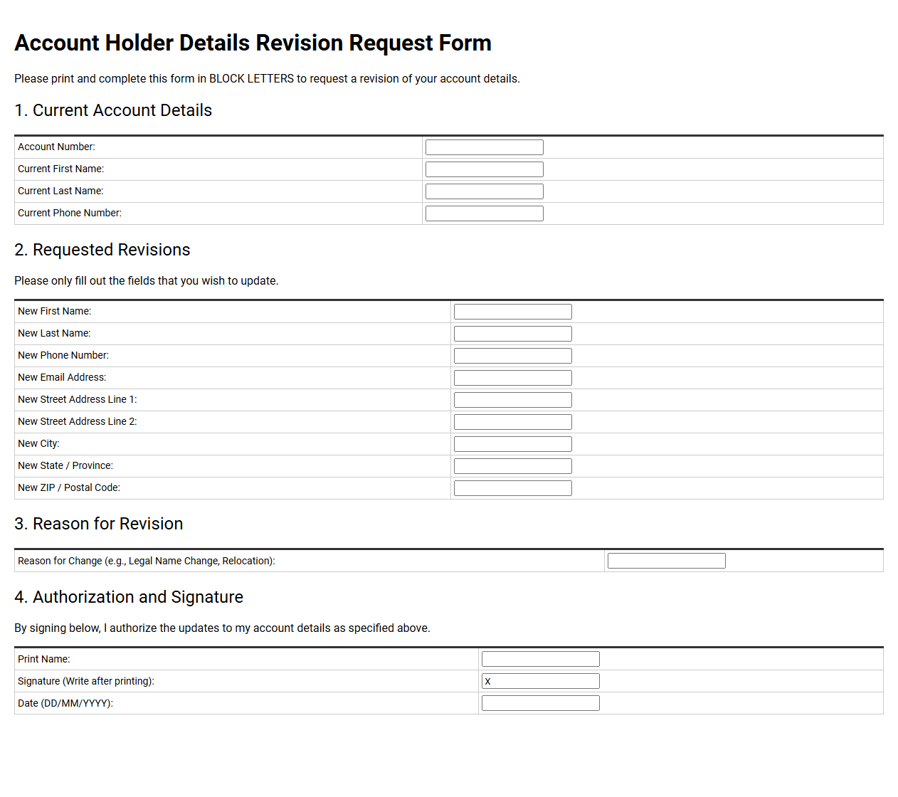 Account Holder Details Revision Request Form