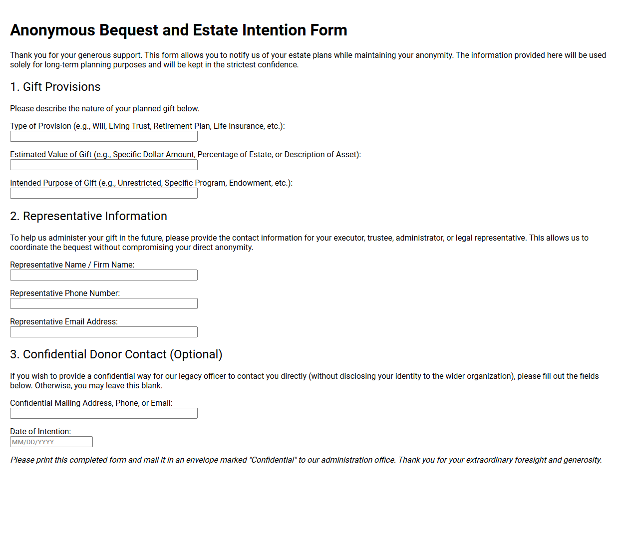 Anonymous Bequest and Estate Intention Form