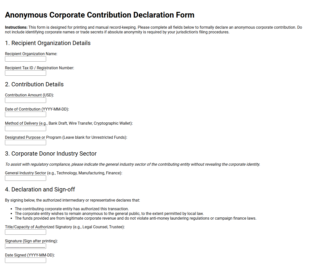 Anonymous Corporate Contribution Declaration Form