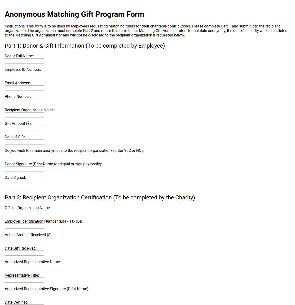 Anonymous Matching Gift Program Form