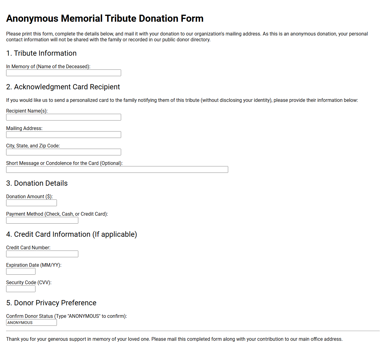 Anonymous Memorial Tribute Donation Form
