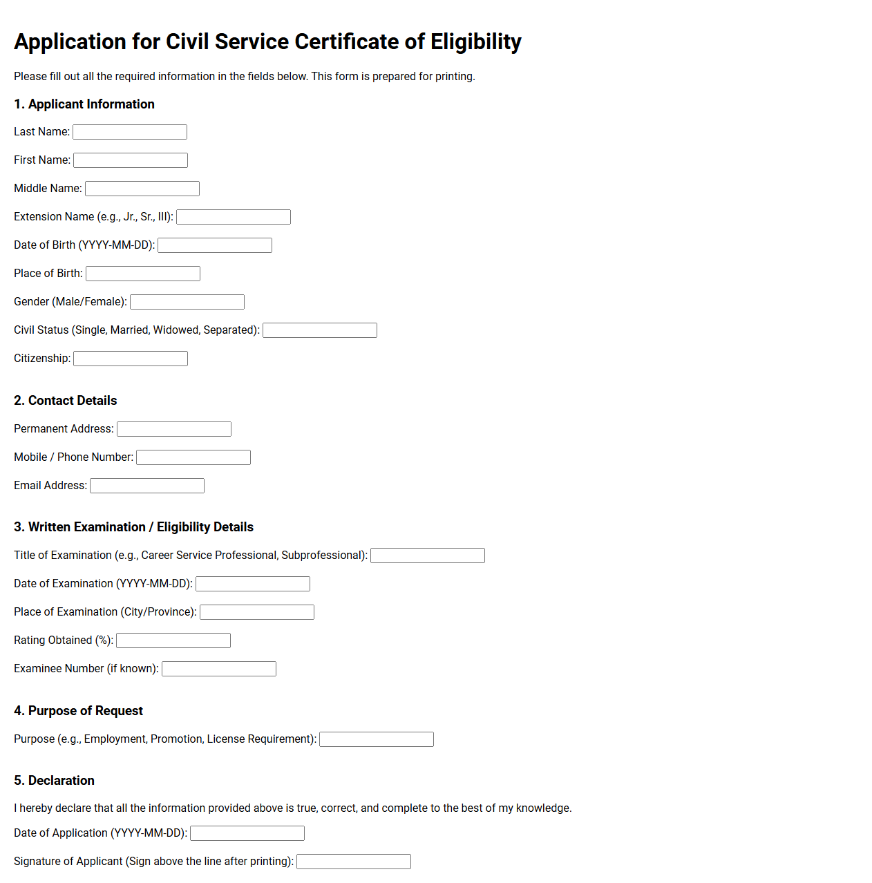 Application for Civil Service Certificate of Eligibility