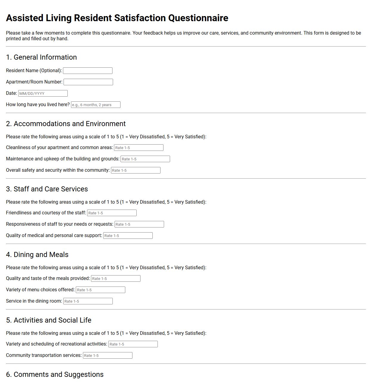 Assisted Living Resident Satisfaction Questionnaire