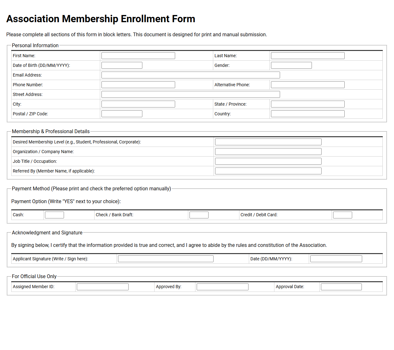 Association Membership Enrollment Form Template