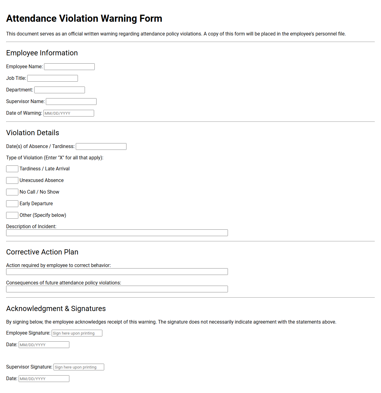 Attendance Violation Warning Form Template