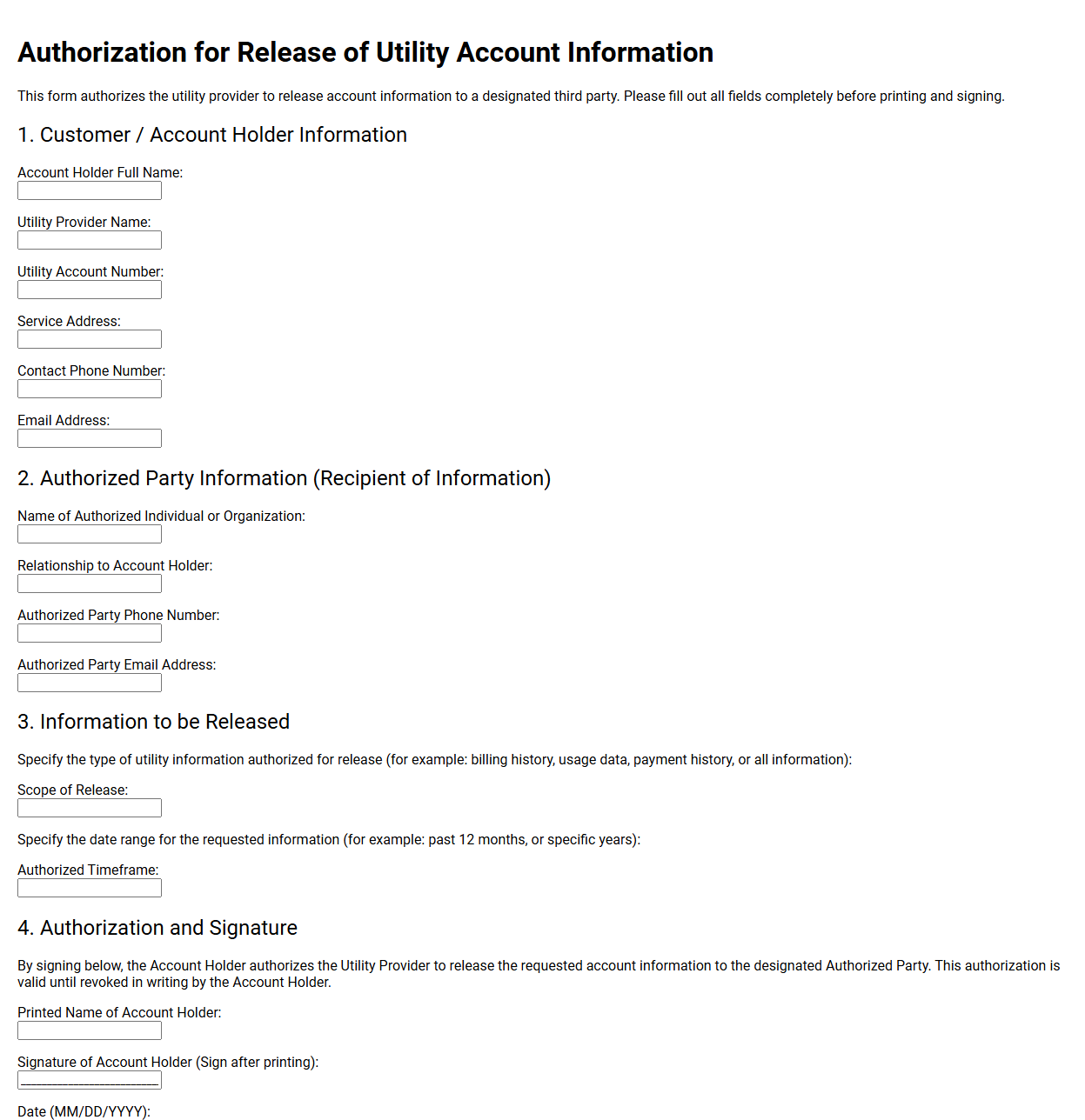 Authorization for Release of Utility Account Information