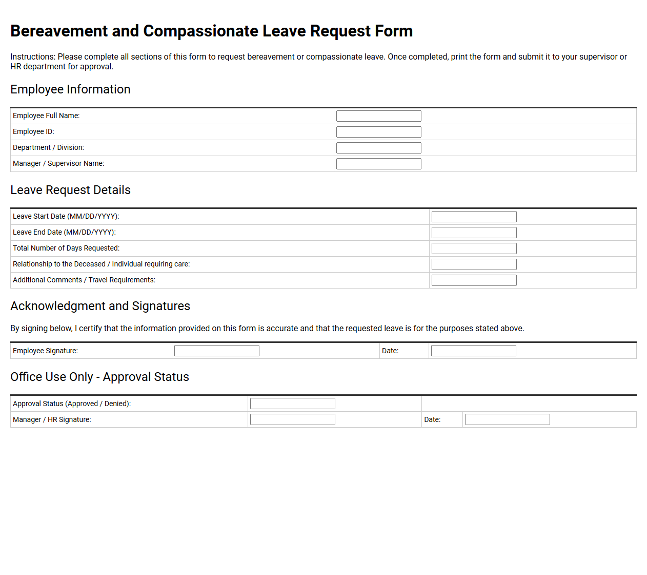 Bereavement and Compassionate Leave Request Form Template