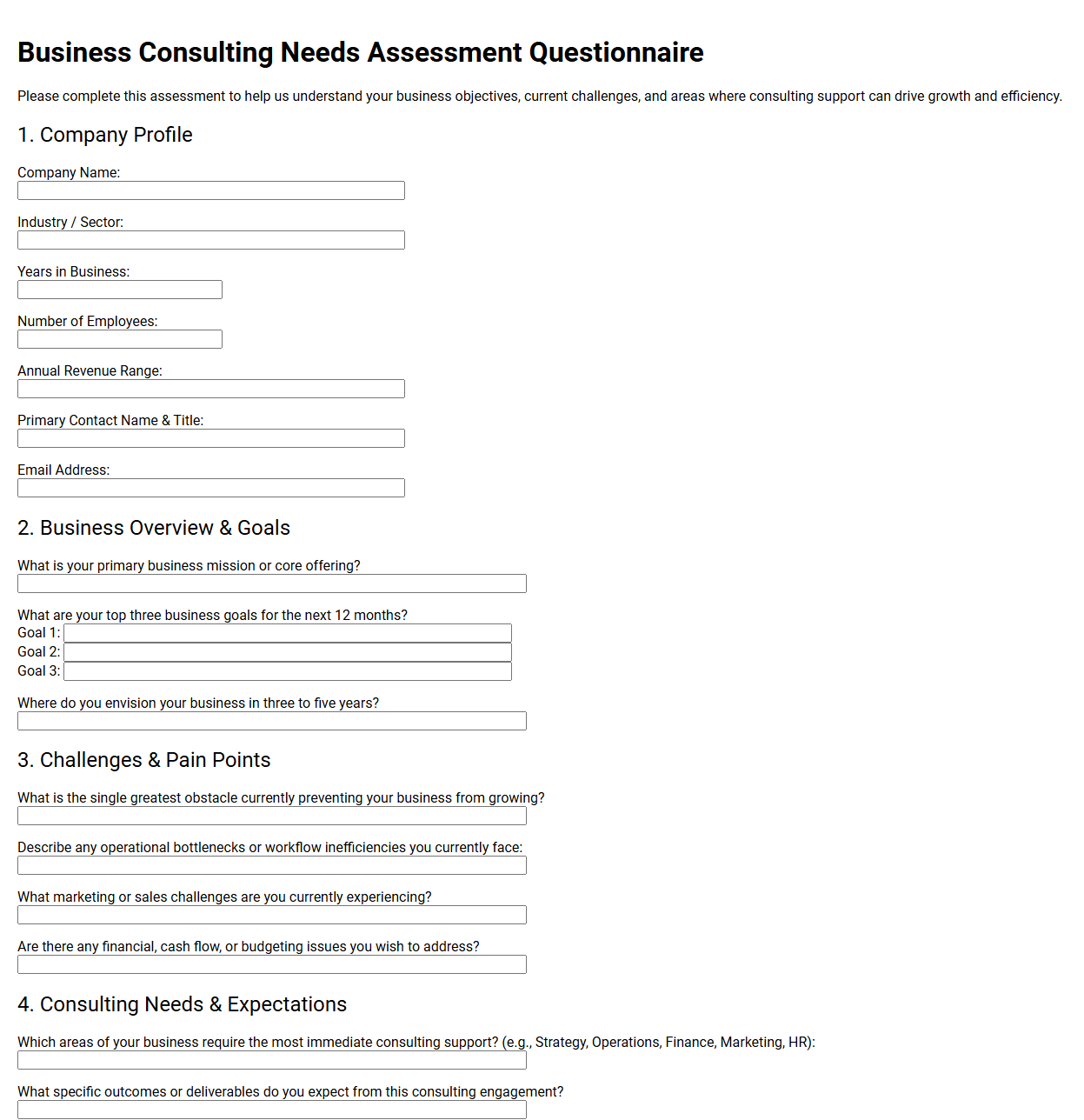 Business Consulting Needs Assessment Questionnaire