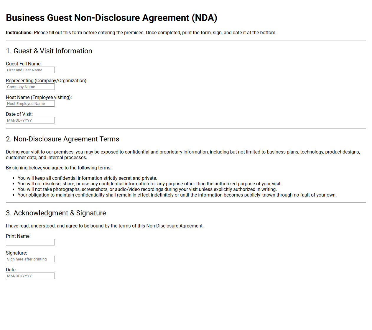 Business Guest NDA Print Out Form