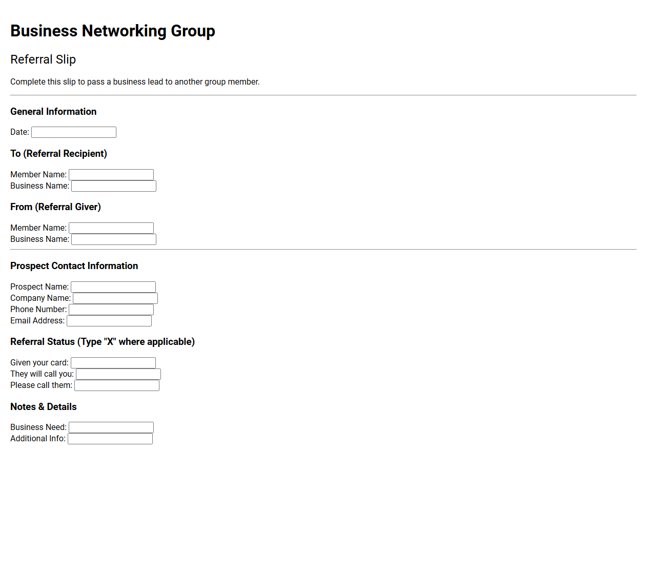 Business Networking Group Referral Slip