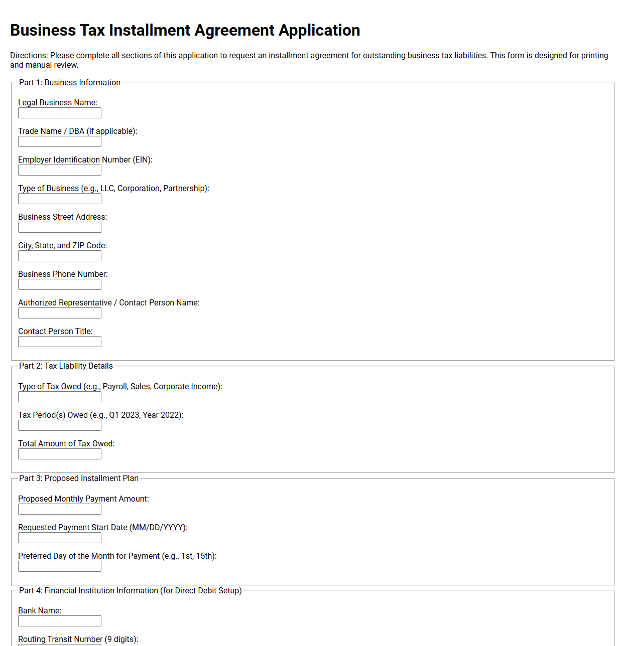 Business Tax Installment Agreement Application Template
