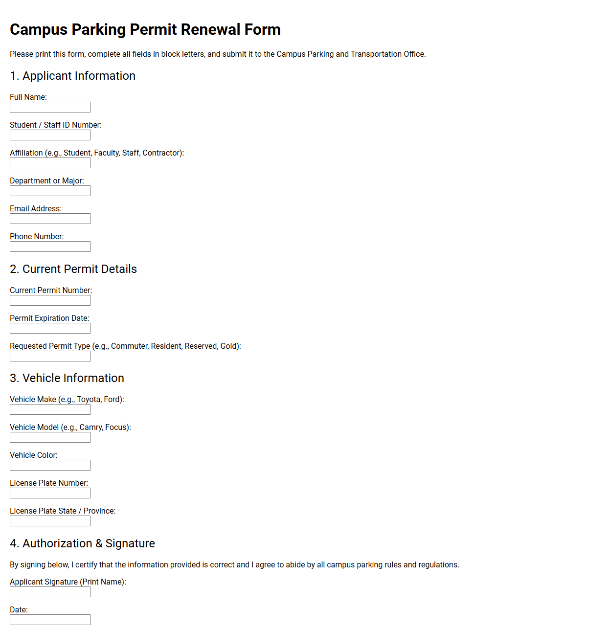 Campus Parking Permit Renewal Form