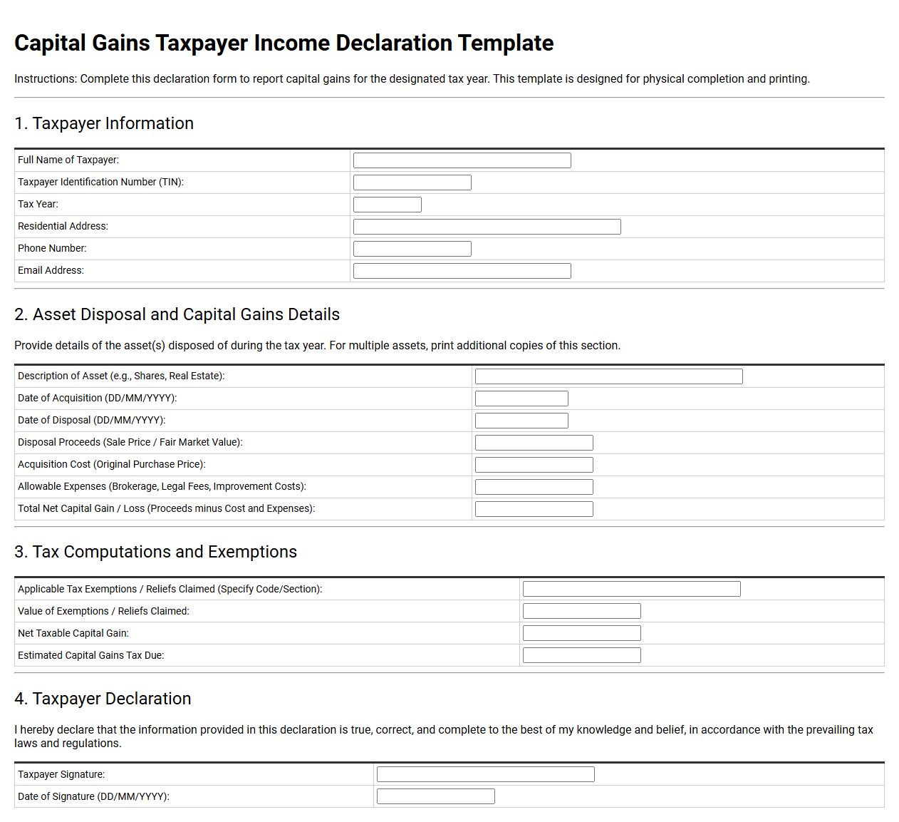 Capital Gains Taxpayer Income Declaration Template