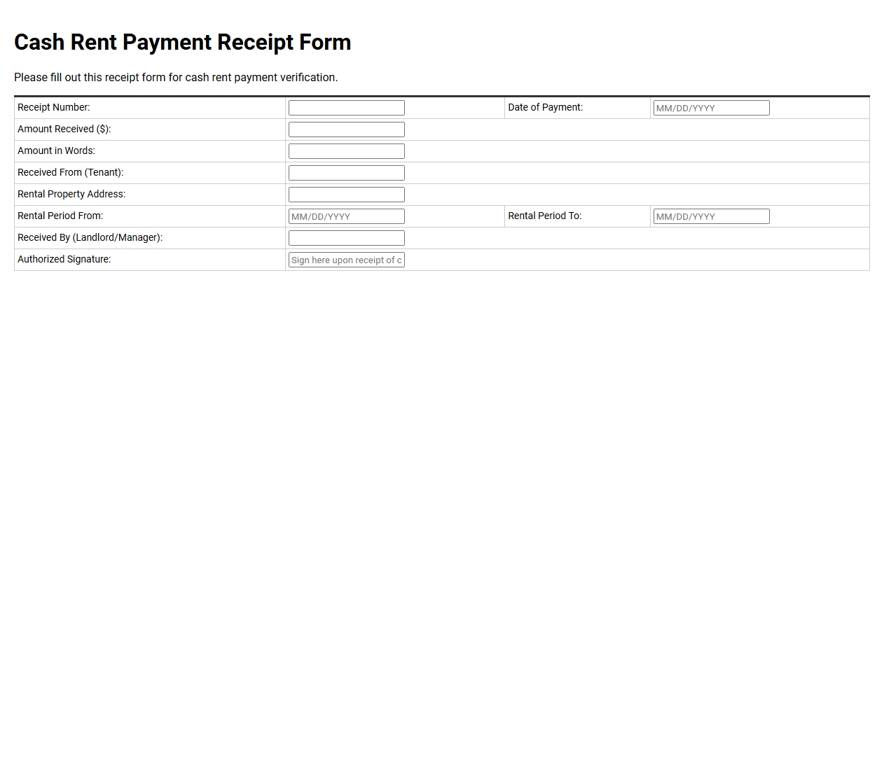 Cash Rent Payment Receipt Form