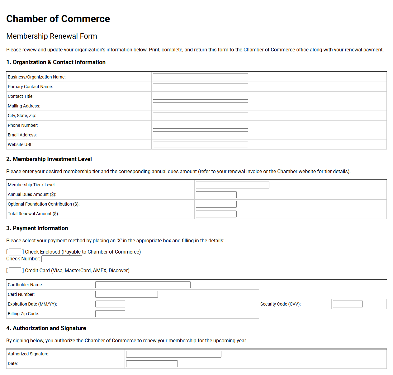 Chamber of Commerce Membership Renewal Form