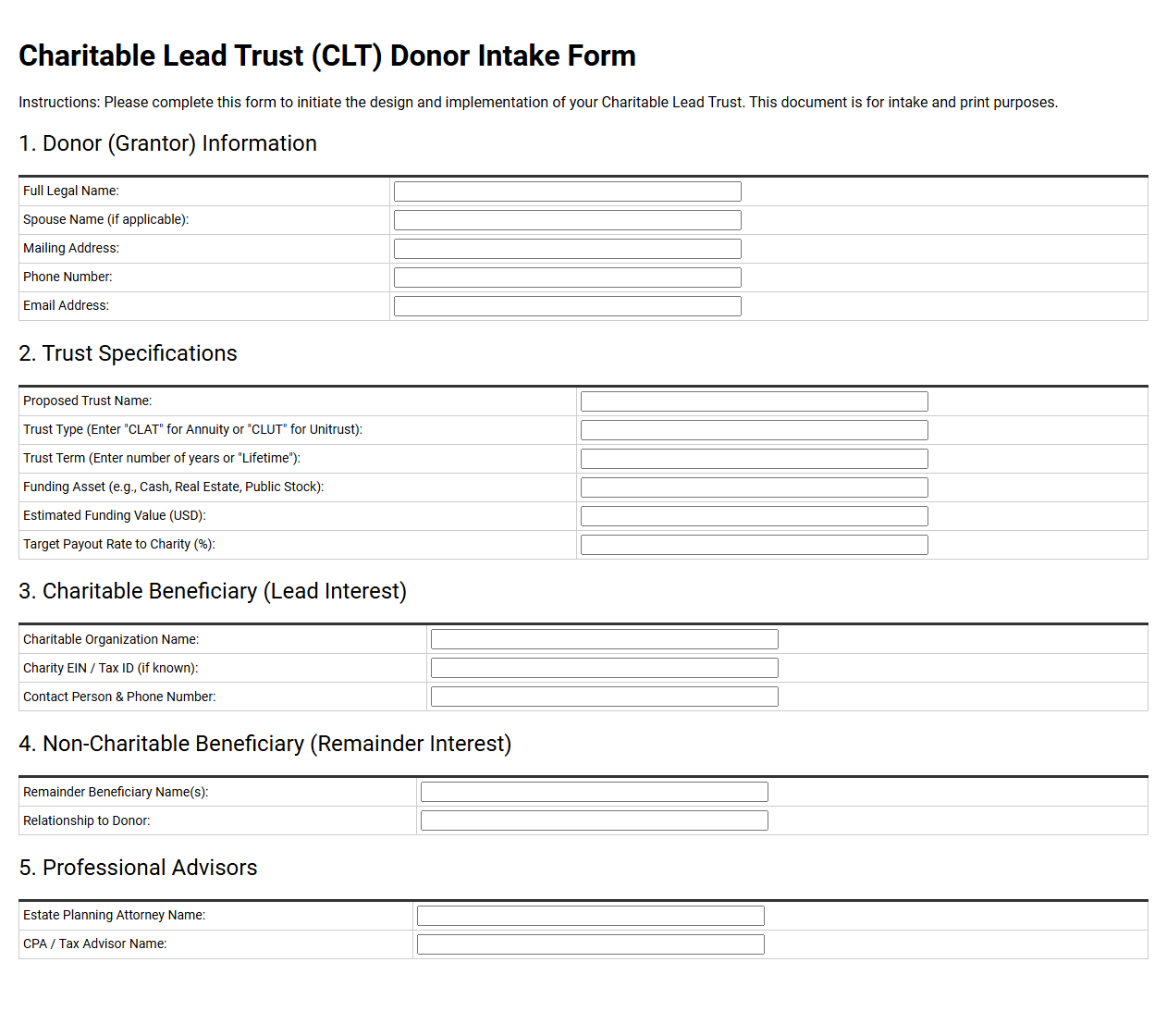 Charitable Lead Trust Donor Intake Form