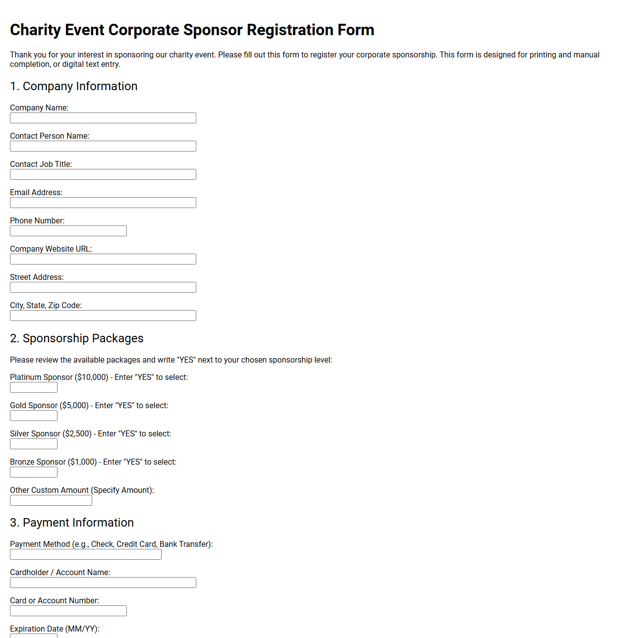 Charity Event Corporate Sponsor Registration Form
