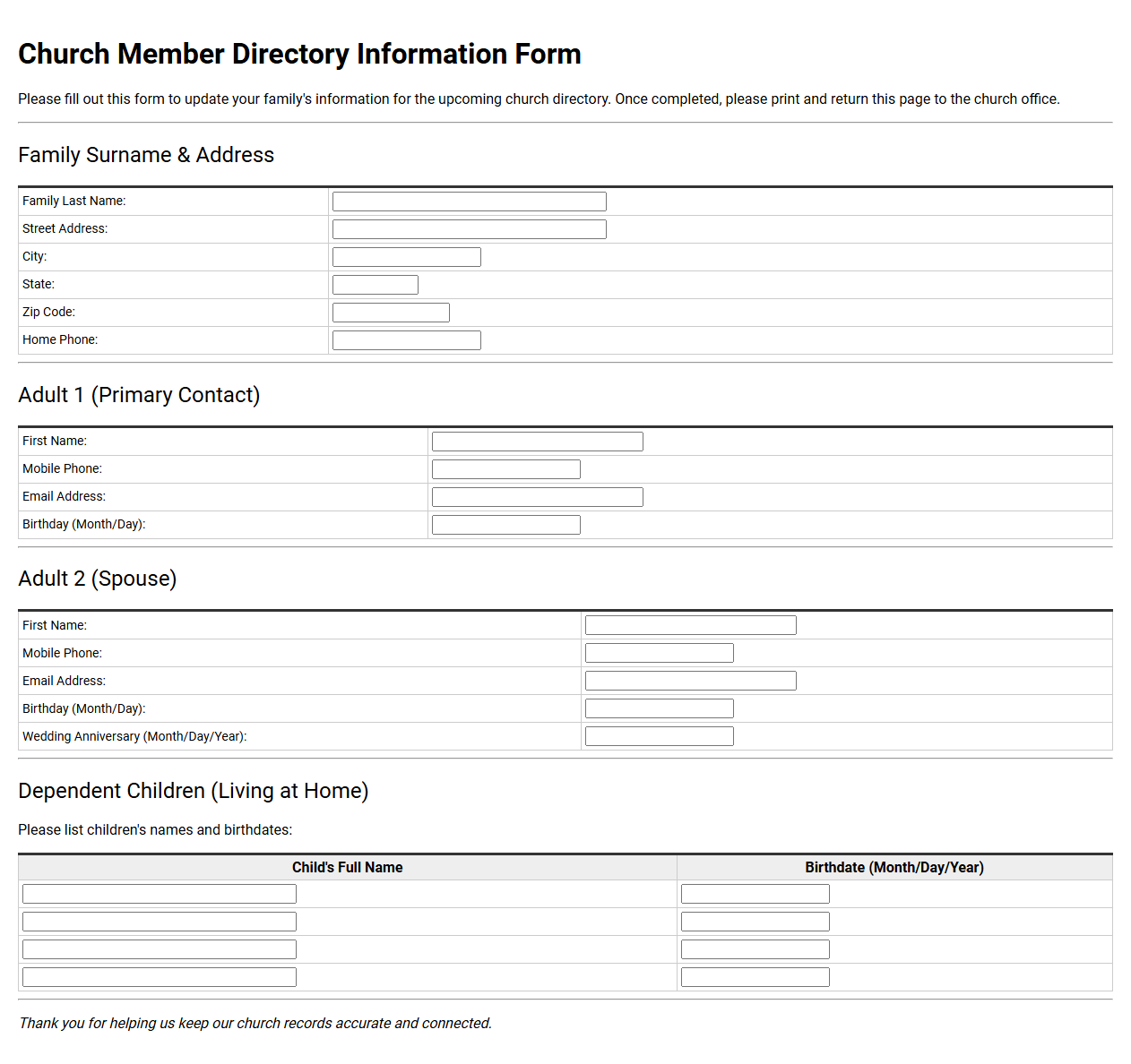 Church Member Directory Information Form