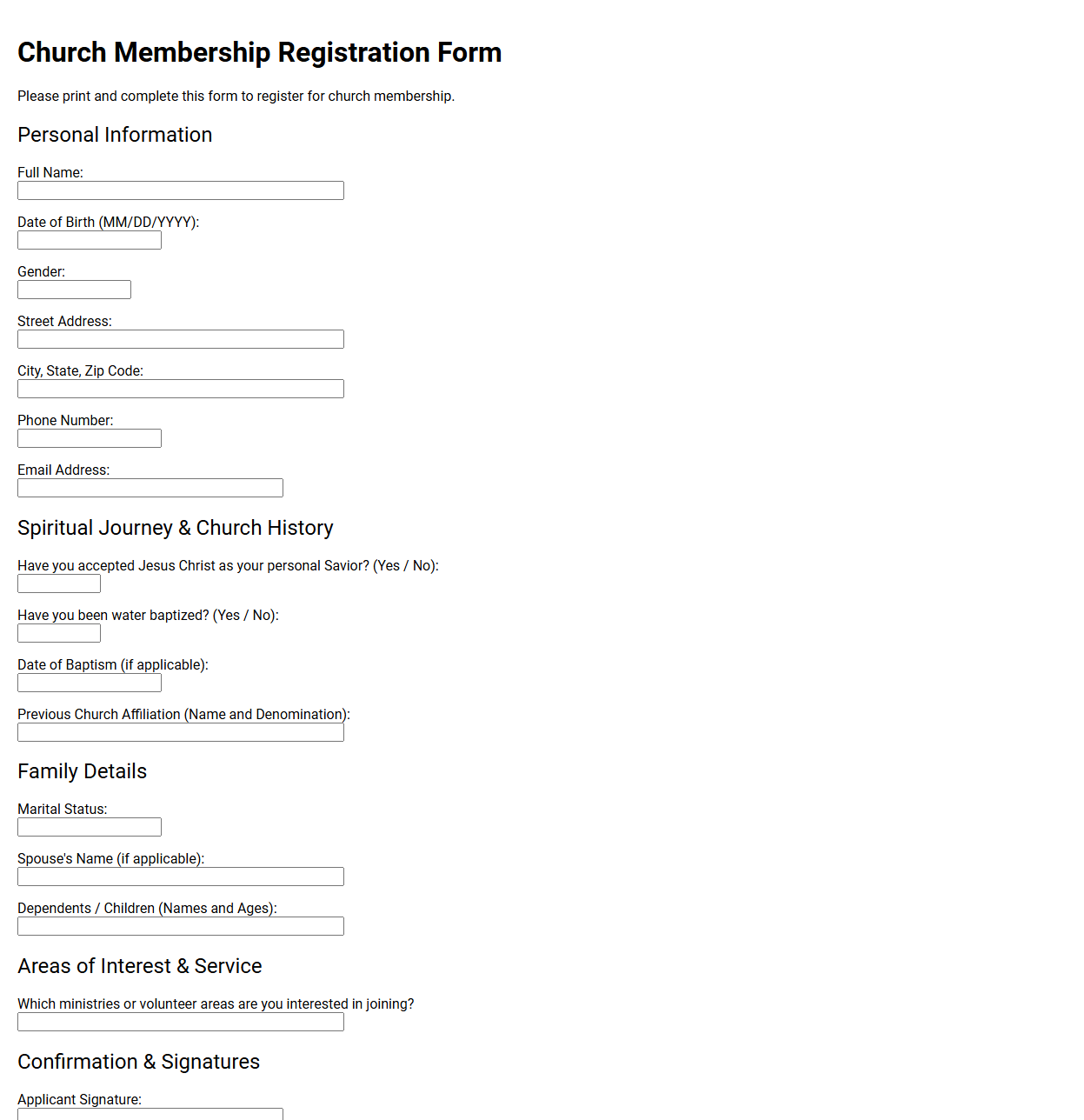 Church Membership Registration Form