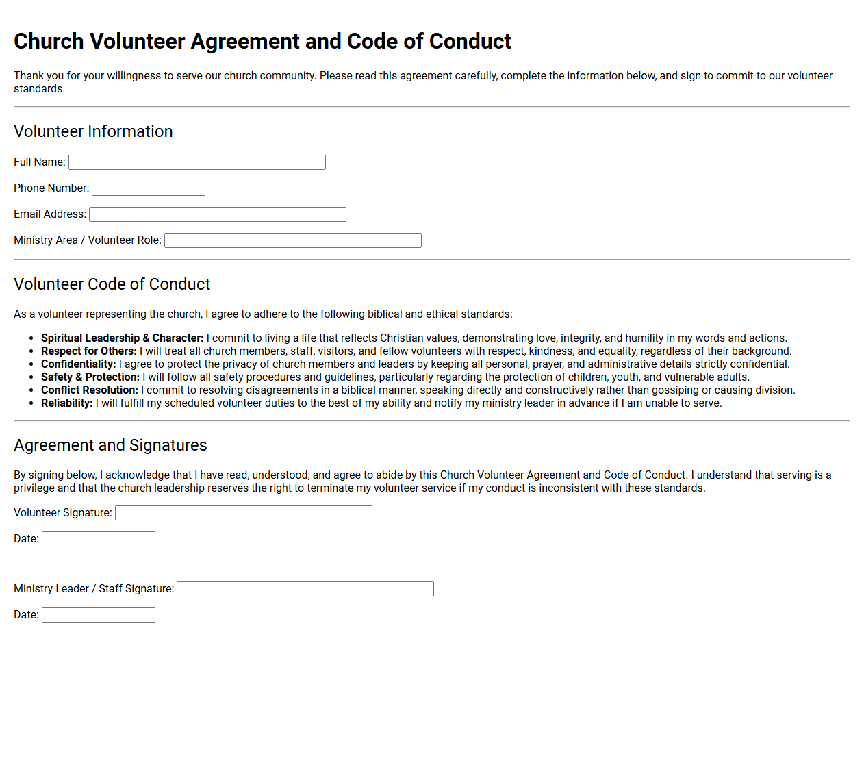 Church Volunteer Agreement and Code of Conduct Template