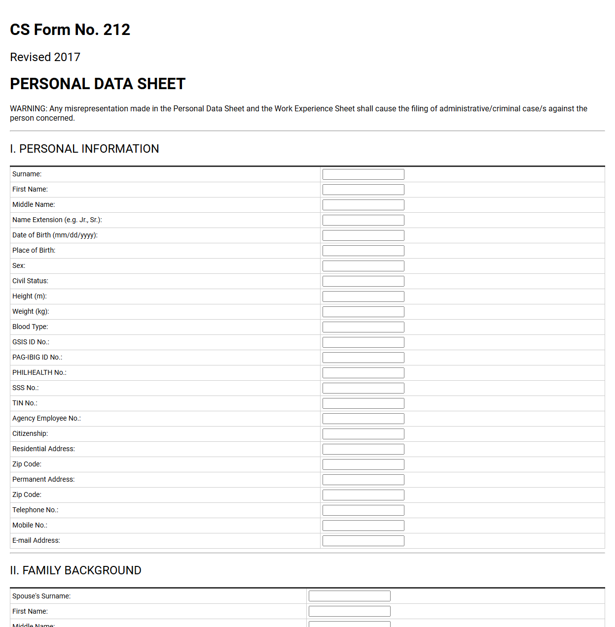 Civil Service Personal Data Sheet Template