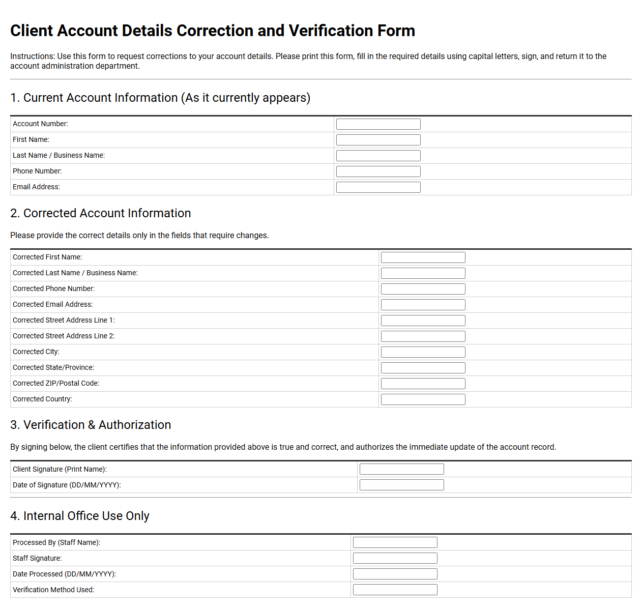 Client Account Details Correction and Verification Form