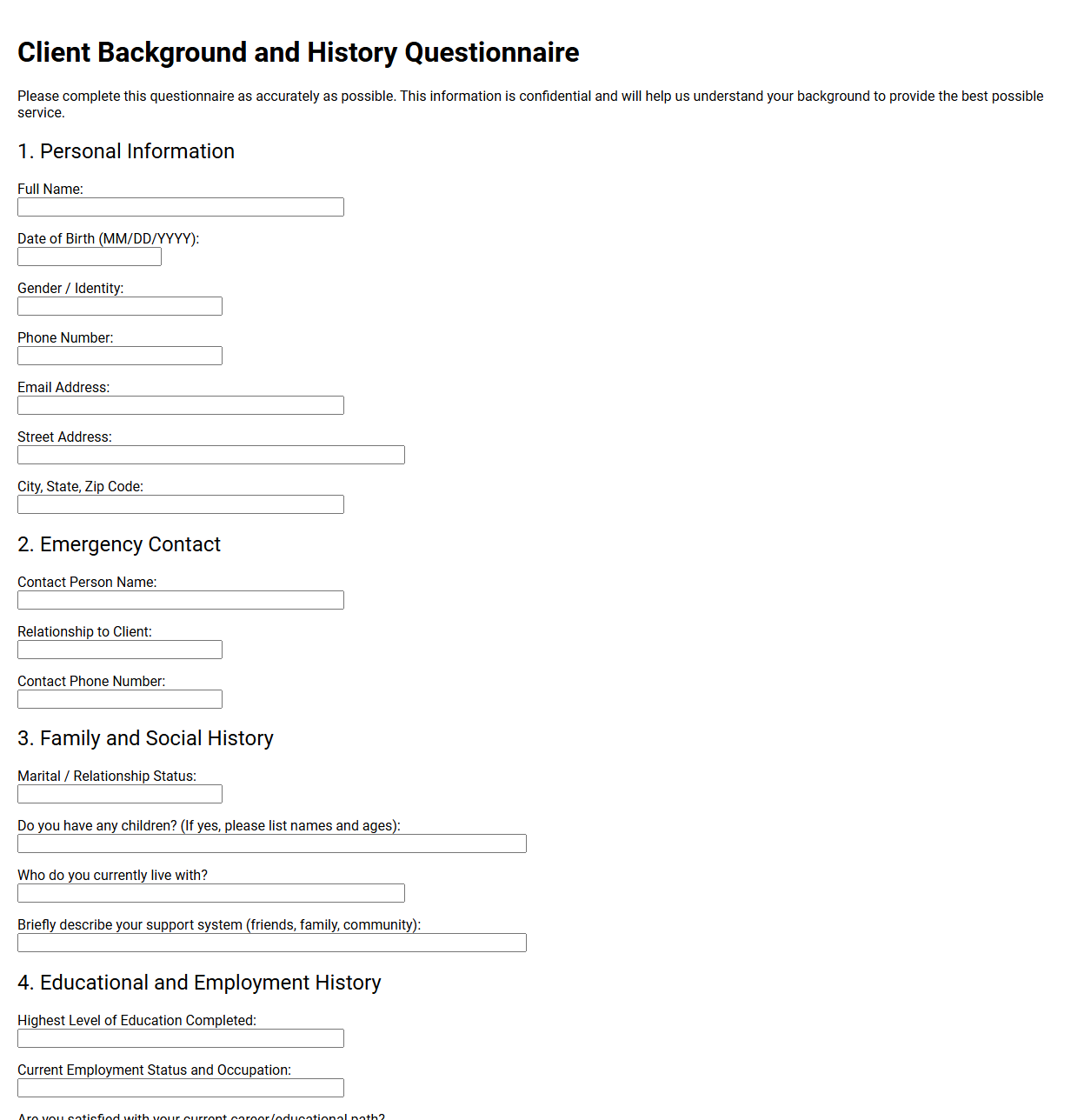 Client Background and History Questionnaire