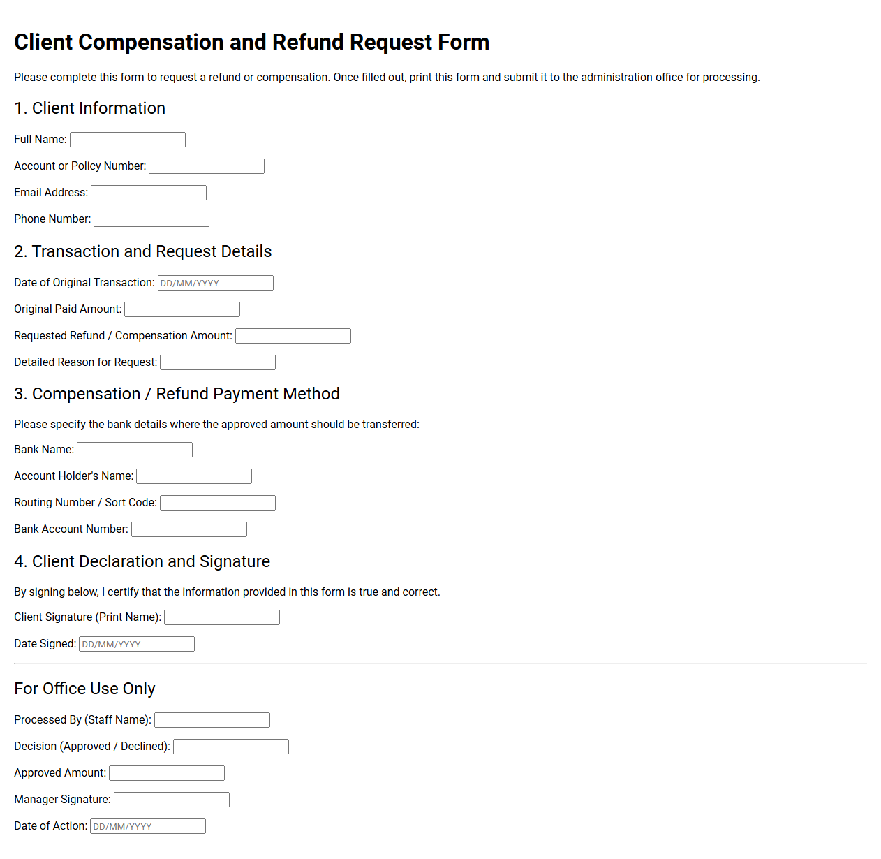 Client Compensation and Refund Request Form