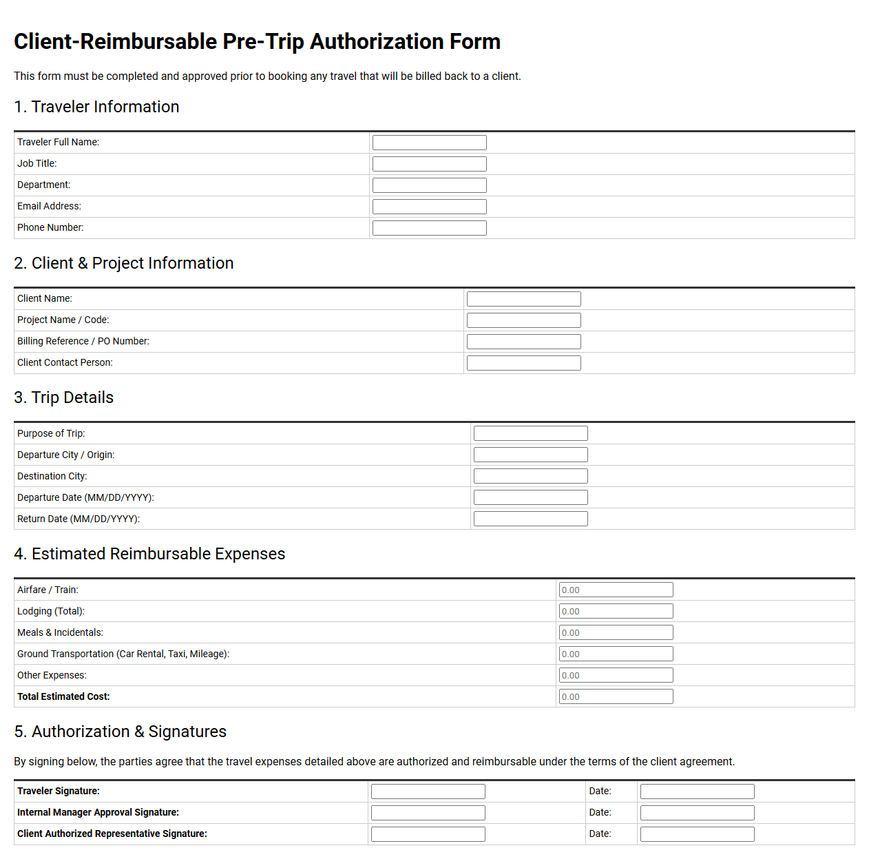 Client-Reimbursable Pre-Trip Authorization Form