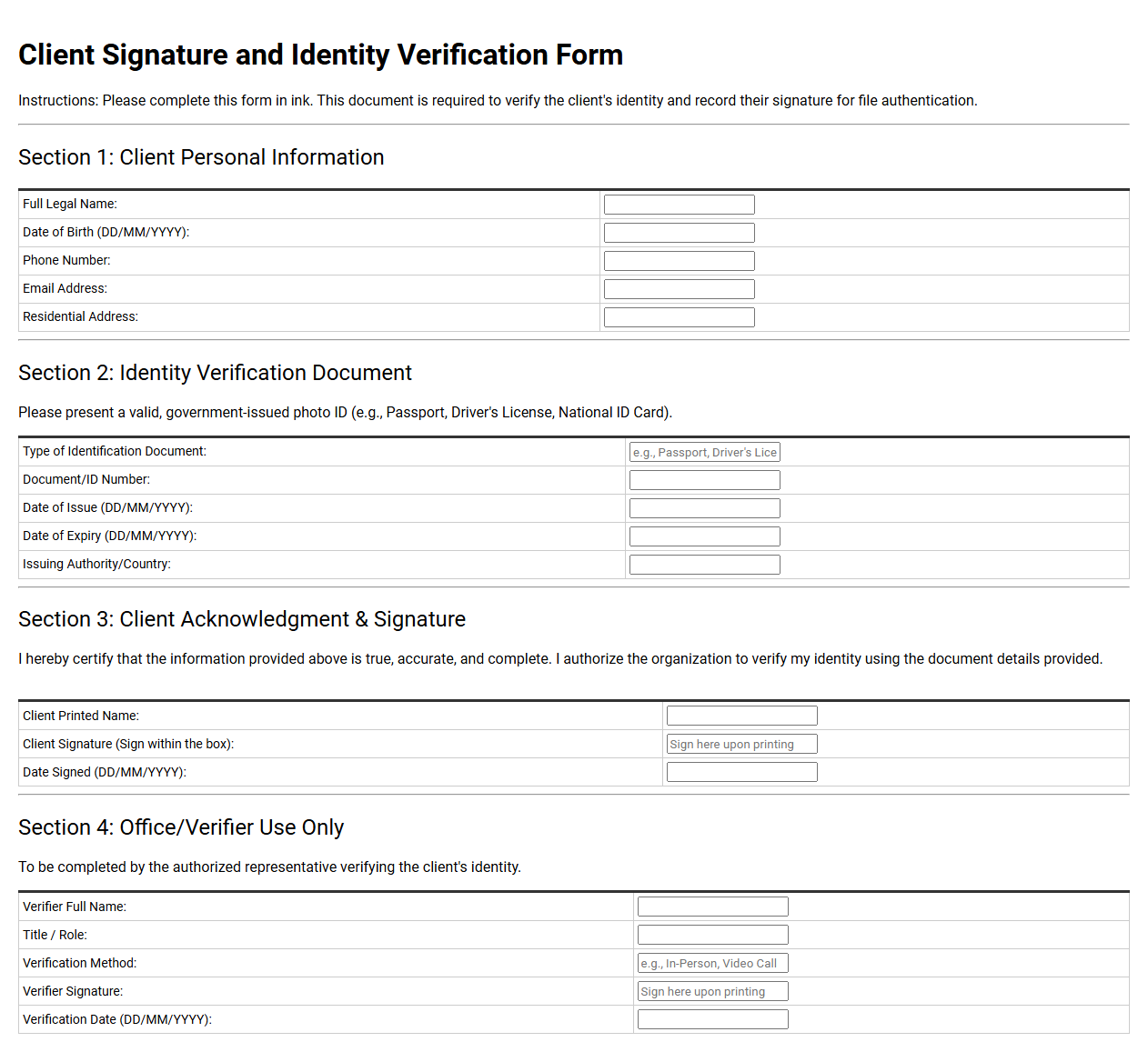 Client Signature and Identity Verification Form Template